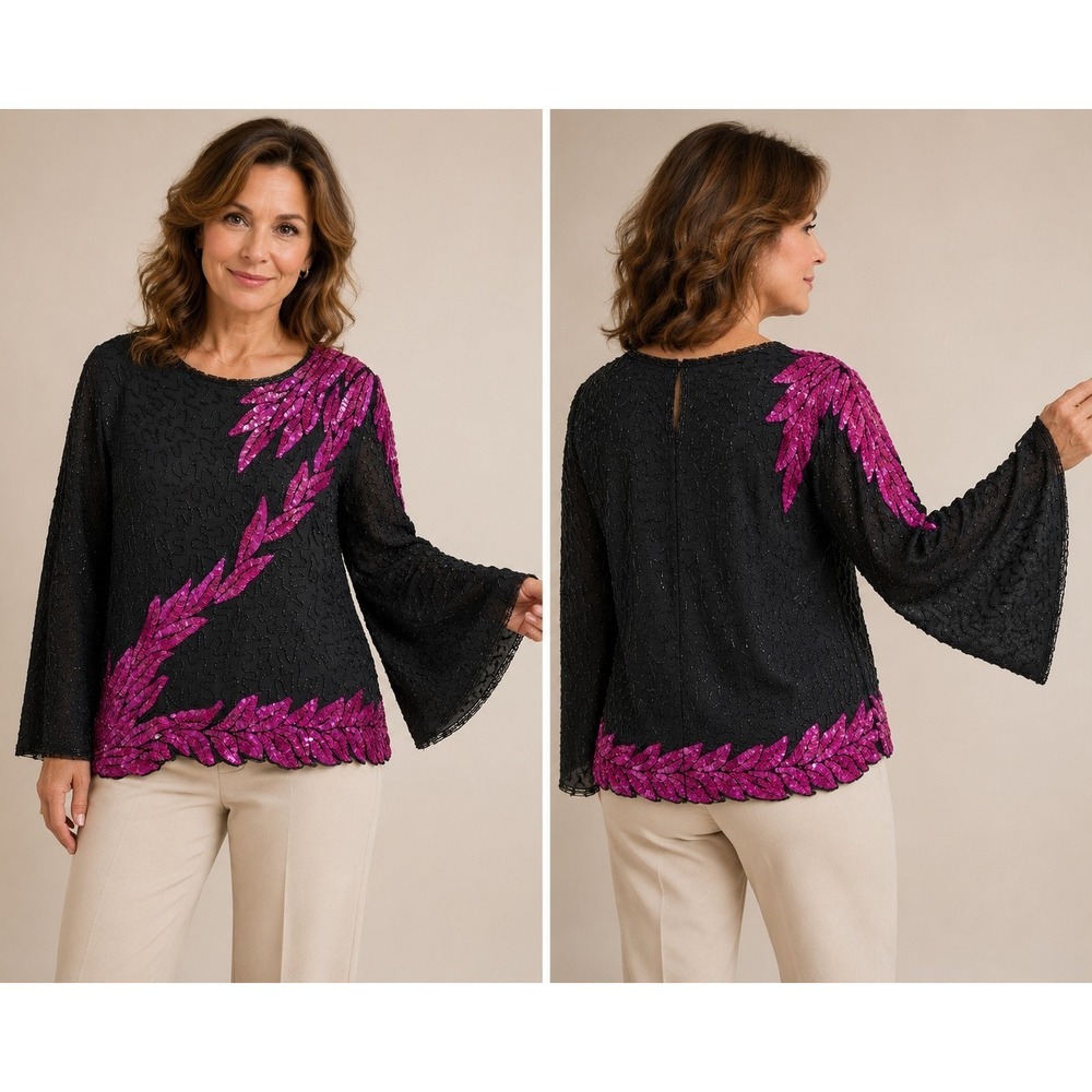 Carina 100% Silk Beaded Sequin Top Women's 2X Black Pink Evening Party Blouse